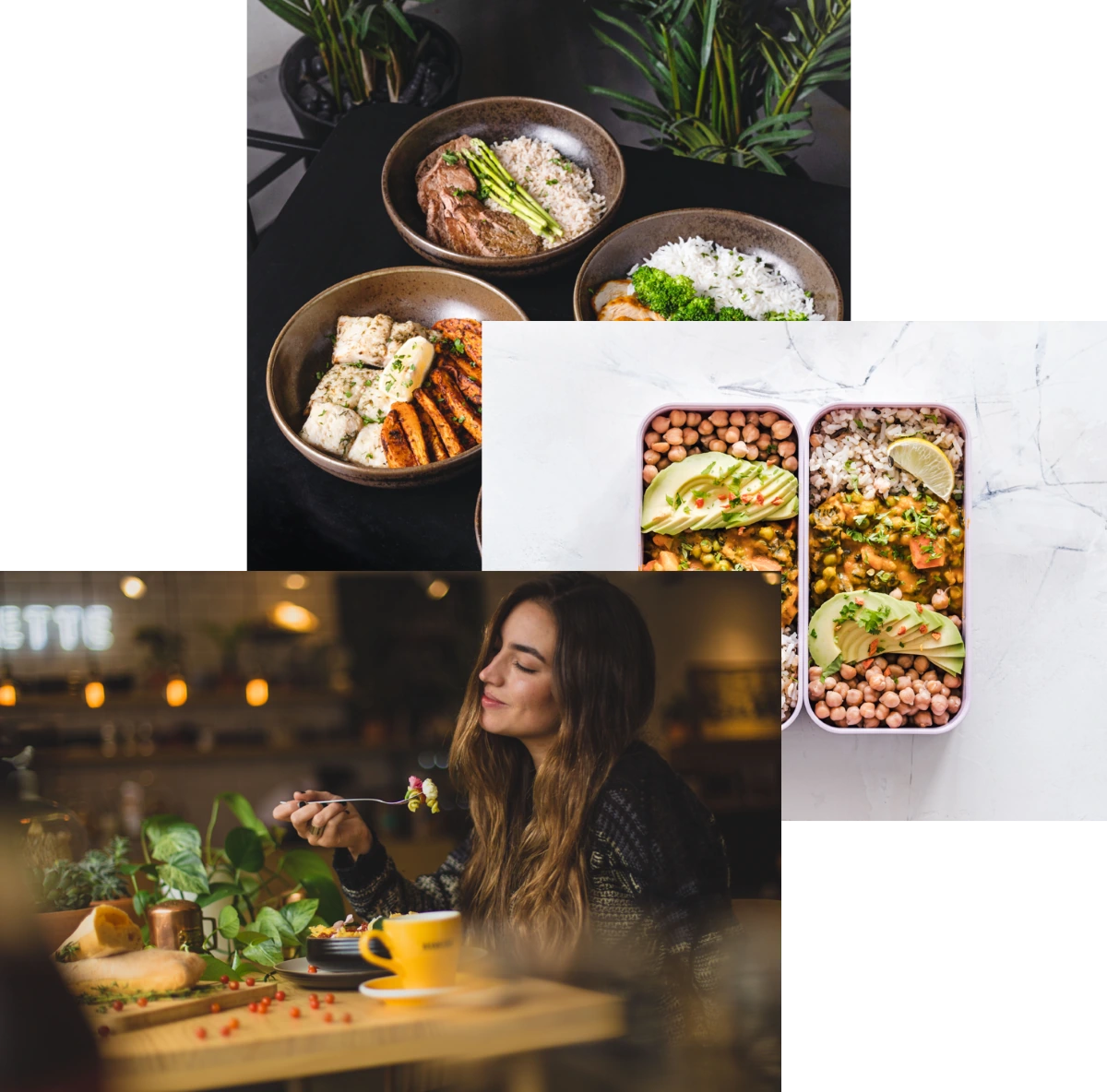 woman enjoing food, meals in storage container, and food bowls on a table